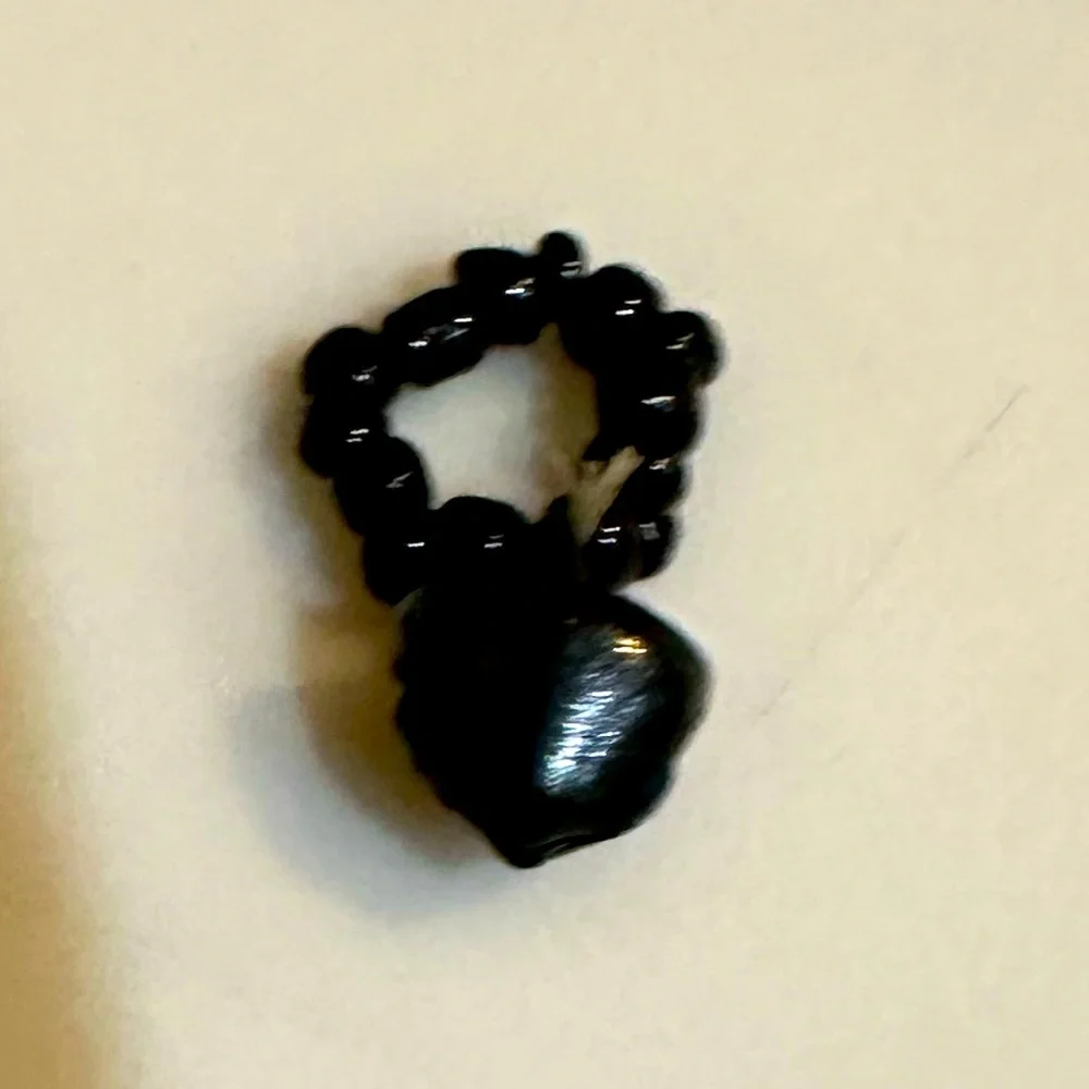 VTG BLACK BELL BEADED RING CHARM HALLOWEEN JEWELRY HANG ON NECKLACE CORD .25”
